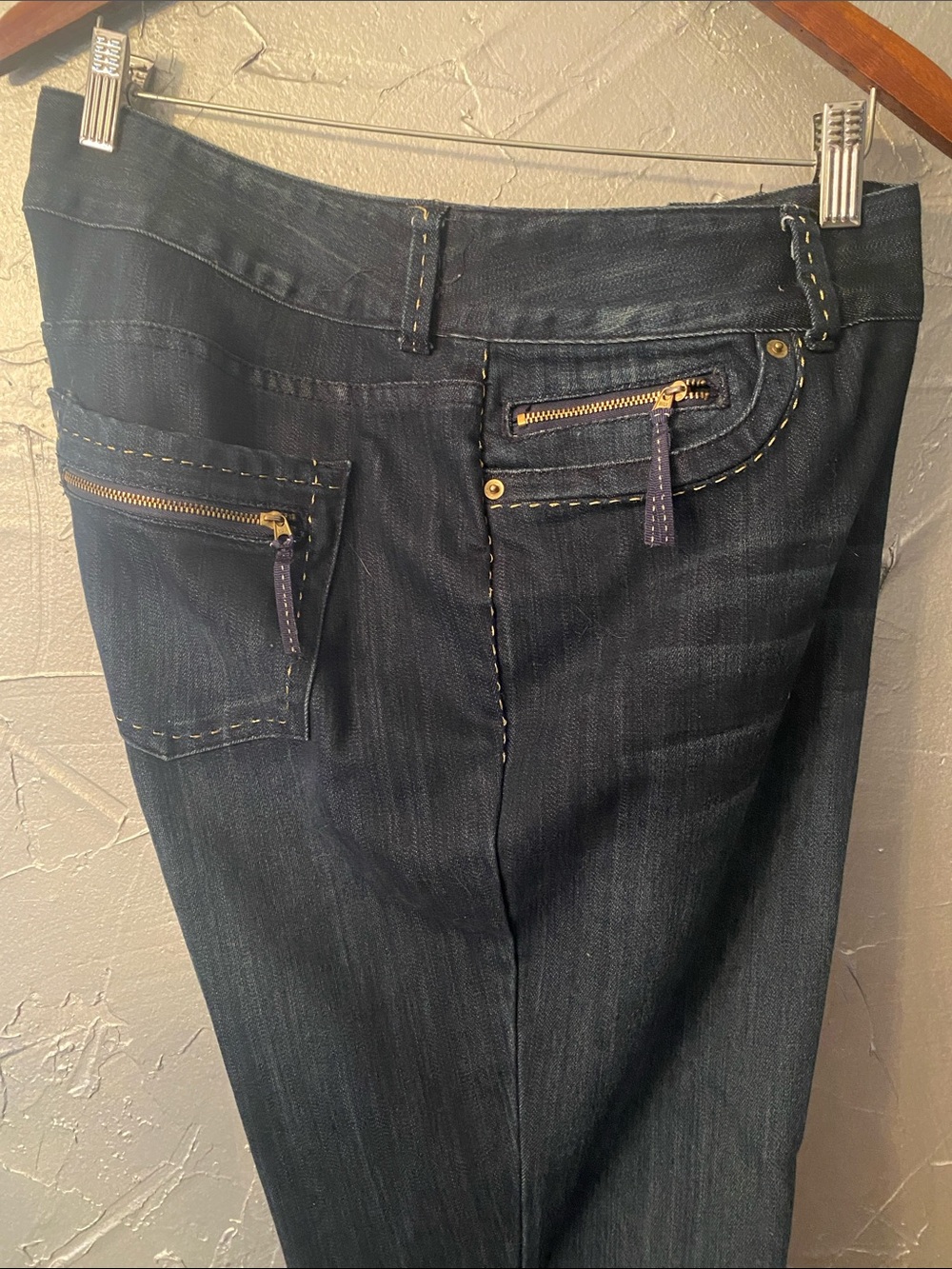 INC International Concepts Dark Indigo Boot Cut Jeans with Gold Zippers